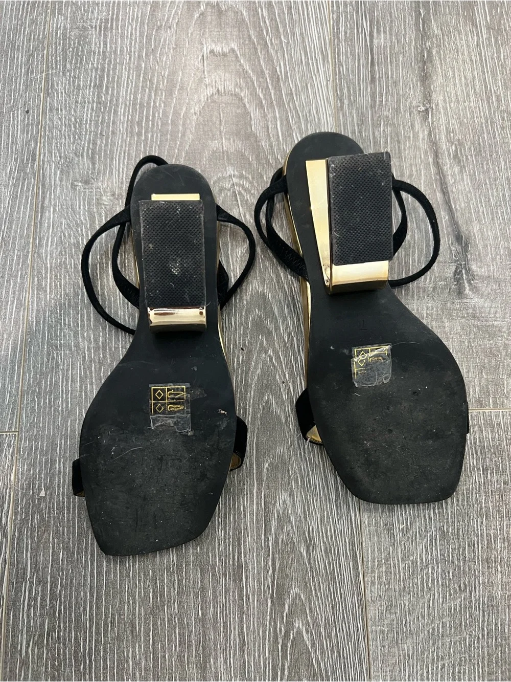 Jeffrey Campbell Black and Gold Strappy Block-Heel Sandals